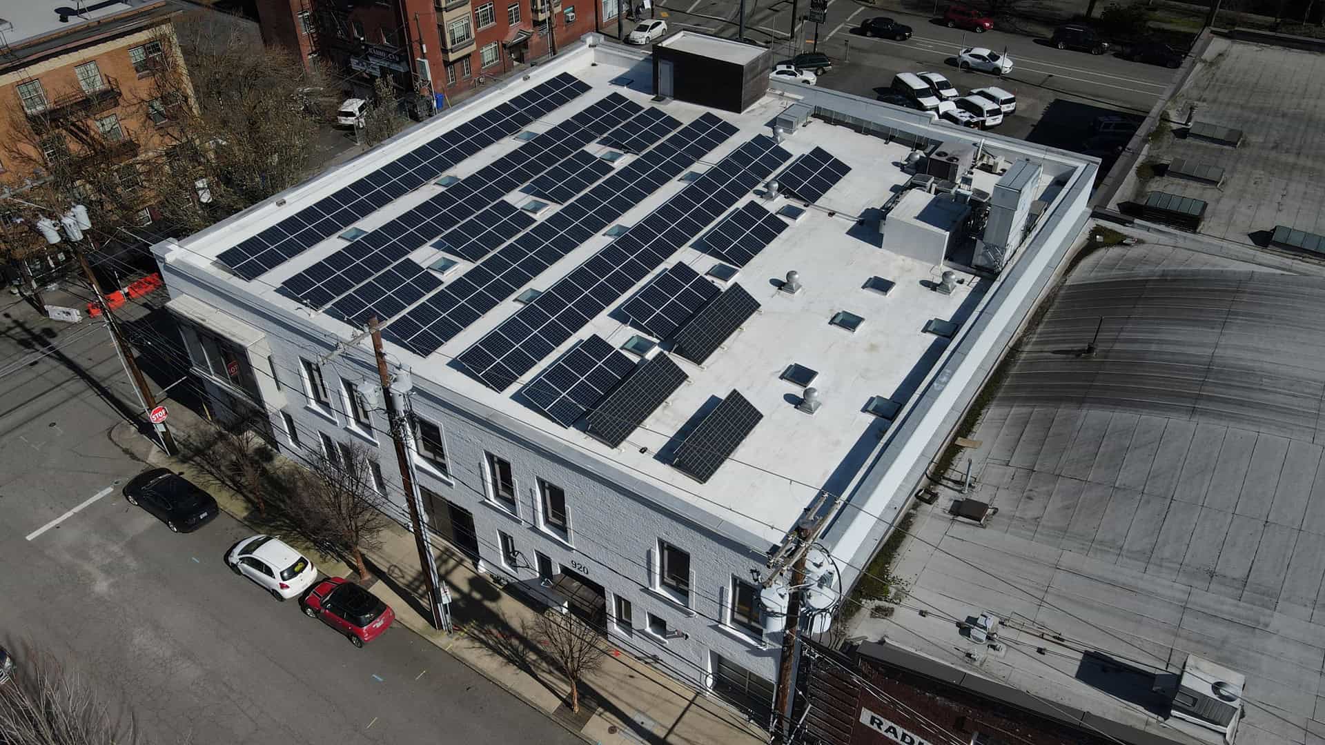Solar panels on a commercial building in Portland Oregon