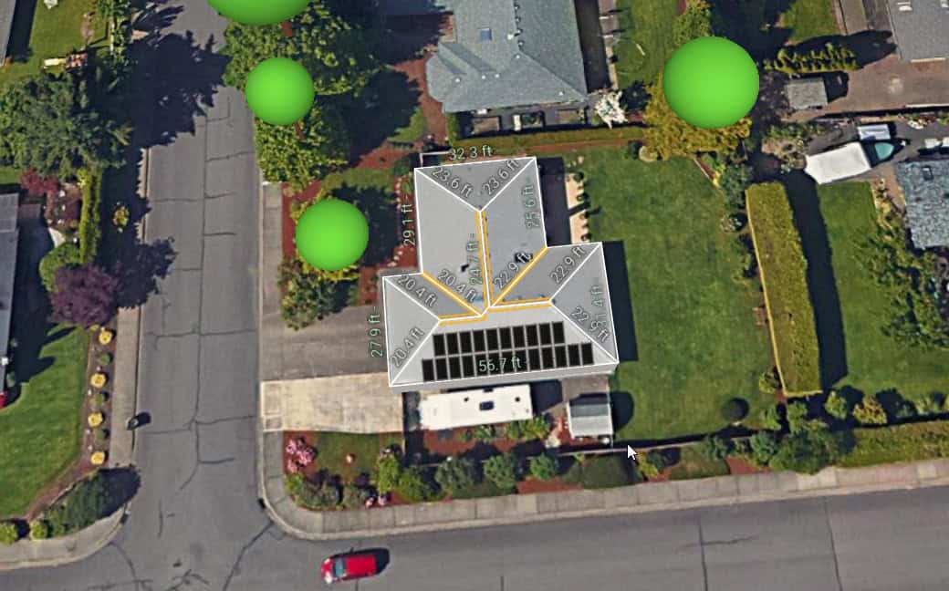 A satellite image of a home with added modeling for a solar energy system on the roof
