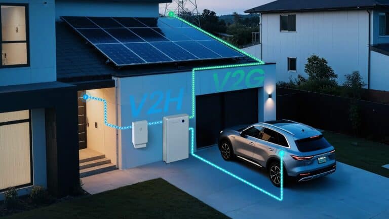 An electric vehicle parked in front of a home with solar panels and a Sigenergy V2X home energy system